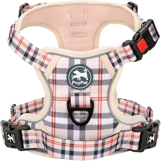 PoyPet Plaid Dog Harness, No Pull Front Clip Pet Vest Harness, Soft Padded Reflective Adjustable Walking Harness with Handle for Large Medium Small Dogs(Checkered Beige,XL)