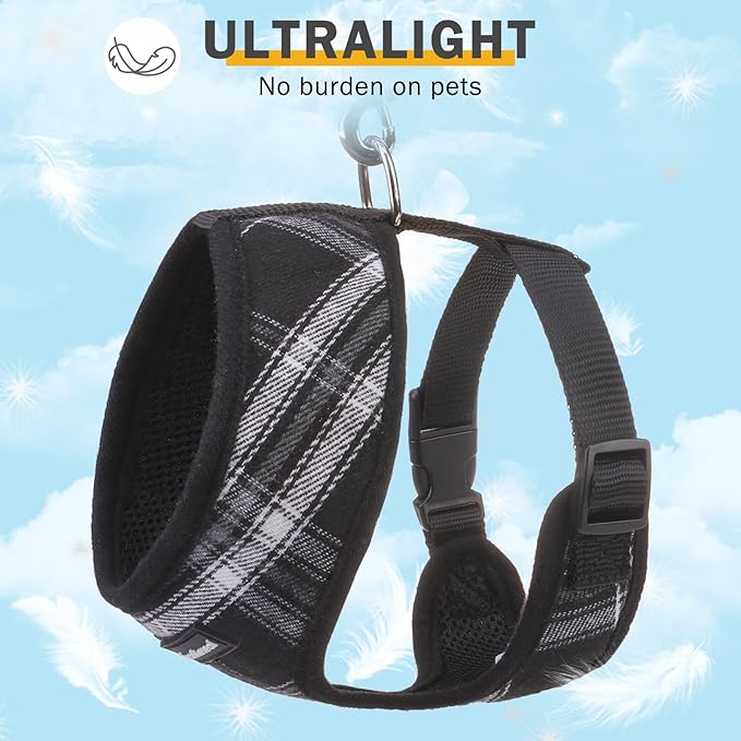 SCENEREAL No Pull Dog Harness Collar and Leash Set Small Medium Sized Dog, Soft Mesh Step in Puppy Harnesses, No Chock Plaid Adjustible Pet Vest for Outdoor Walking Training and Running, Black XS