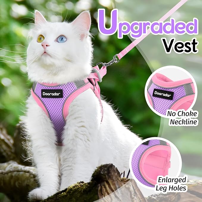 Dooradar Cat Harness and Leash Set, Escape Proof Lightweight Kitten Harness, Soft Breathable Reflective Vest for Outdoor Walking Traveling, Adjustable for Large Cats, Purple & Pink, L