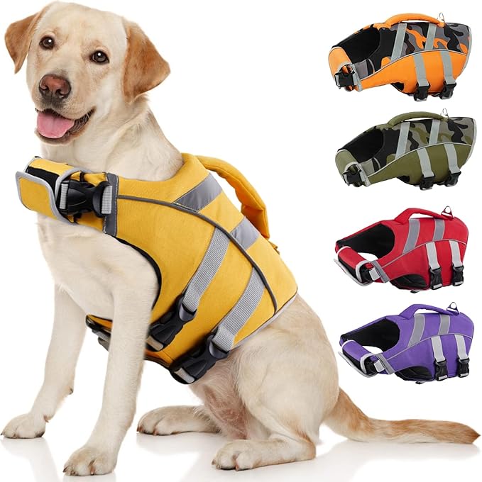 Kuoser Adjustable Life Jacket with Reflective Stripes, High Visibility Dog Vest - Ripstop Dog Lifesaver for Small, Medium, Large Dogs