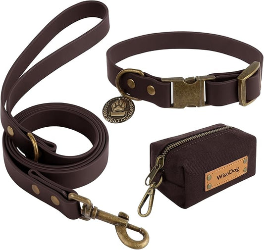 Wisedog Dog Collar and Leash Set Combo: Adjustable Pet Collars with Dog Leashes for Small Medium Large Dogs, Includes 1 Bonus of Poop Bag Holder (XL(Collar:16"- 25.5";Leash:6 ft), Brown)