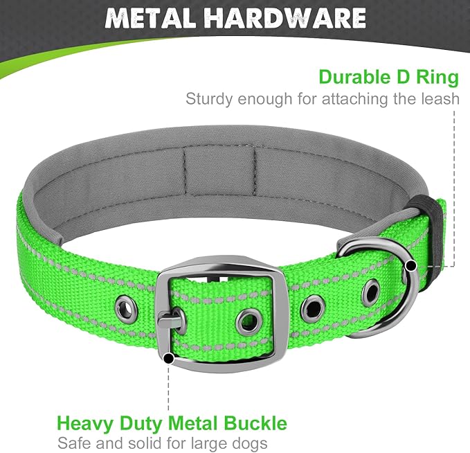 Joytale Dog Collar for Extra Large Dogs, Neoprene Padded and Adjustable, Reflective Wide Heavy Duty Pet Collars with Durable Metal Belt Buckle for Walking, Green, XL