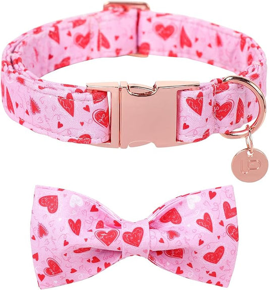 Valentine’s Dog Collar with Bow Tie, Pink Heart Bowtie Collar with Metal Buckle, Valentine’s Gift Pet Collar for Puppy Girl Boy Dog or Cat, Wedding Dog Collar, L