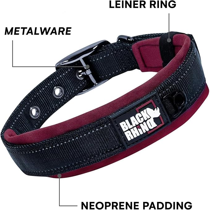 Black Rhino Dog Collars for Medium Dogs - Adjustable Reflective Heavy Duty Dog Collar with Ultra-Soft Neoprene Padding - Weatherproof, Durable, and Comfortable for Active Dogs - Burgundy and Black