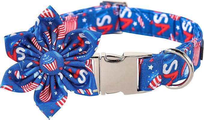 Lionet Paws Patriotic Female Dog Collar with Flower, 4th of July, Soft and Comfortable Adjustable American Flag Collar for X-Large Dogs, Neck 16-26 inches