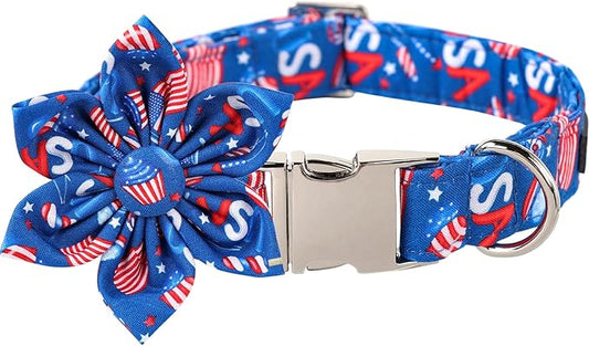 Lionet Paws Patriotic Female Dog Collar with Flower, 4th of July, Soft and Comfortable Adjustable American Flag Collar for X-Large Dogs, Neck 16-26 inches