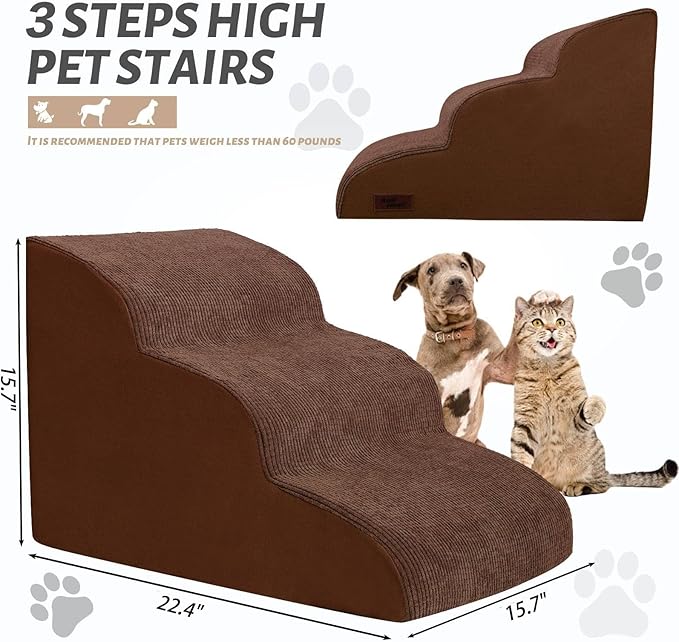 3-Step Dog Ramp and Stairs for Sofa and Chair - Non-Slip Sturdy Pet Steps for Small Dogs and Cats,15.7" H,Brown