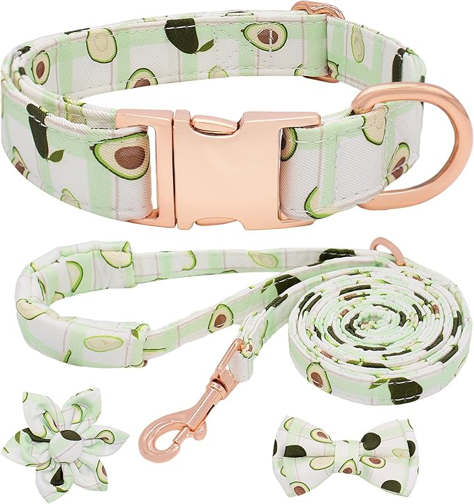 Dog Collar and Leash Set Adjustable Girls Puppy Floral Collars with Bow Tie for Small Medium Large Dogs(M, Avocado)