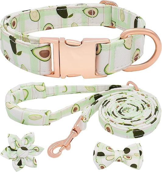 Dog Collar and Leash Set Adjustable Girls Puppy Floral Collars with Bow Tie for Small Medium Large Dogs(M, Avocado)