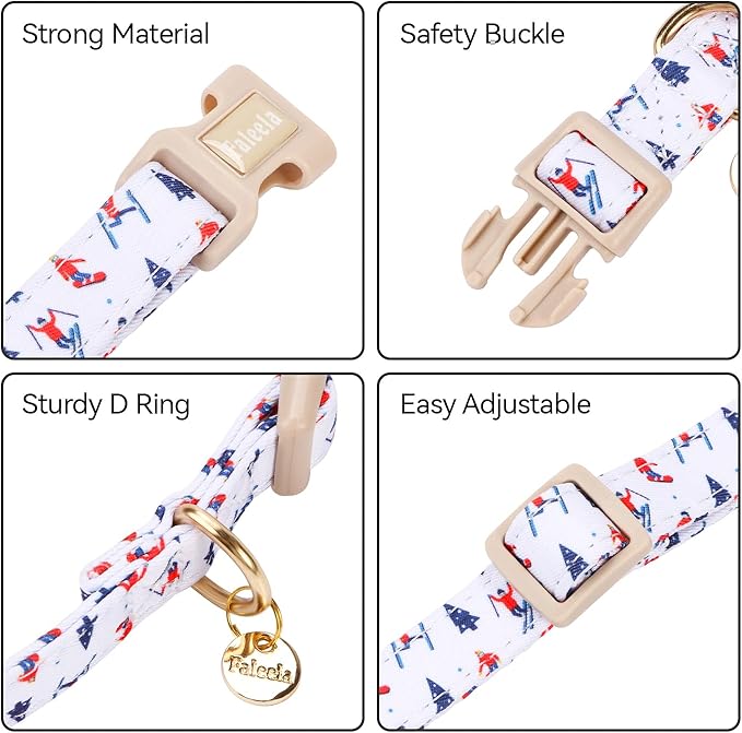 Faleela Dog Collar - Cute & Comfy Cotton Pet Collar, Adjustable Lightweight Design with Quick-Release Buckle, for Small, Medium & Large Dogs - Multiple Styles Available (Skiing, Small)