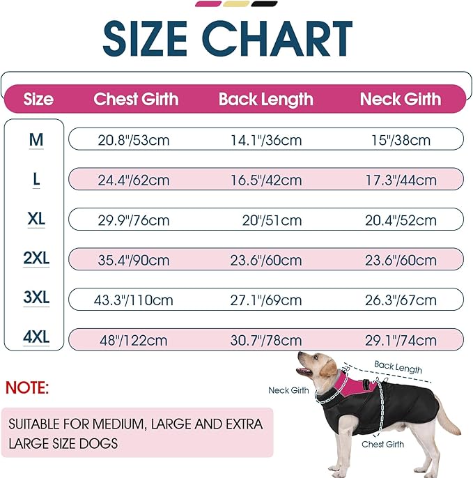 ROZKITCH Dog Jacket for Cold Weather, Dog Coat for Autumn Winter with Turtleneck, Pet Clothes with Adjustable Buckles, Soft Warm Pet Clothing with Reflective Strip for Medium Large Dogs Black 2XL
