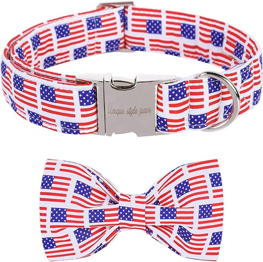 Unique style paws Dog Collar, Pet Collar Dog Bow Tie Gift for Girl or Boy Dogs, American Flag Adjustable Dog Collar for X-Small Dogs