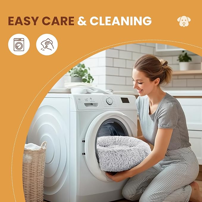 DUMOS Calming Donut Cat & Dog Bed for Small Dogs, Machine Washable Cuddle Warming Cozy Fluffy Faux Fur Plush Round Dog Bed, Anti-Anxiety Waterproof Anti-Slip Pet Bed, Grey, 20×20×8 Inches