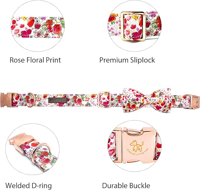 Elegant little tail Dog Collar, Pink Rose Print Pet Collar Summer Dog Collar Durable Metal Buckle Dog Collars Cotton Pet Adjustable Dog Collars for X-Large Dogs