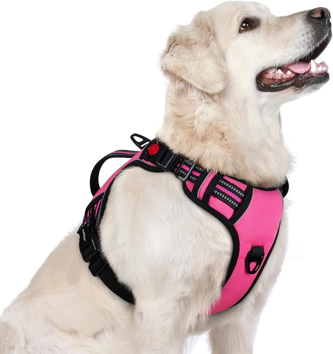 rabbitgoo Dog Harness for Large Dogs, No Pull Pet Harness with Soft Padded Handle, Adjustable Reflective Vest with 3 Buckles, Easy Walking Harness with 2 Leash Clips, Pink, L
