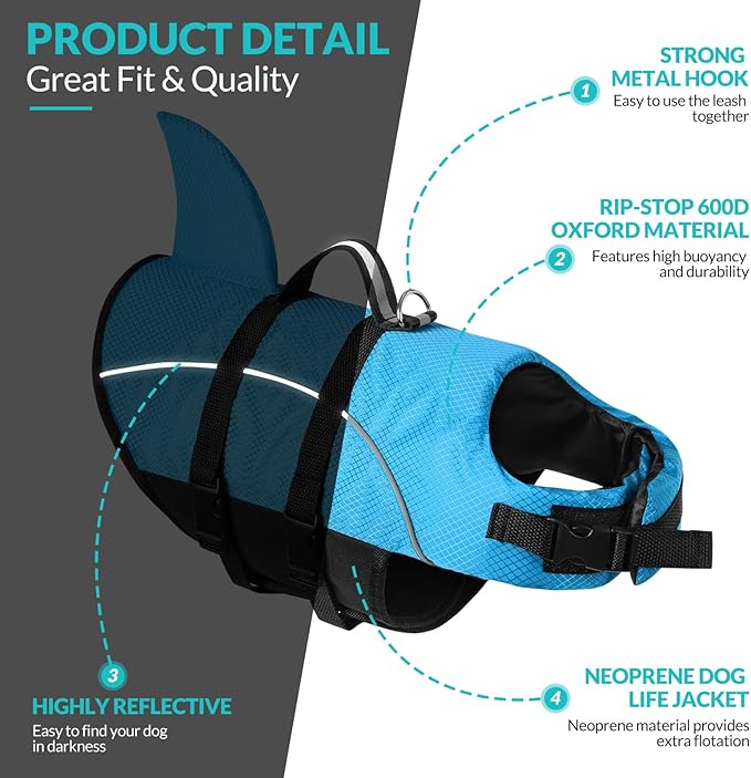 Queenmore Small Dog Life Jacket,Shark Dog Life Vest for Swimming,Puppy Light Life Preserver for Boating Kayaking Canoeing,Pet Lifesaver with High Buoyancy,Rescue Handle,Leash Hook (Peacock Blue,M)
