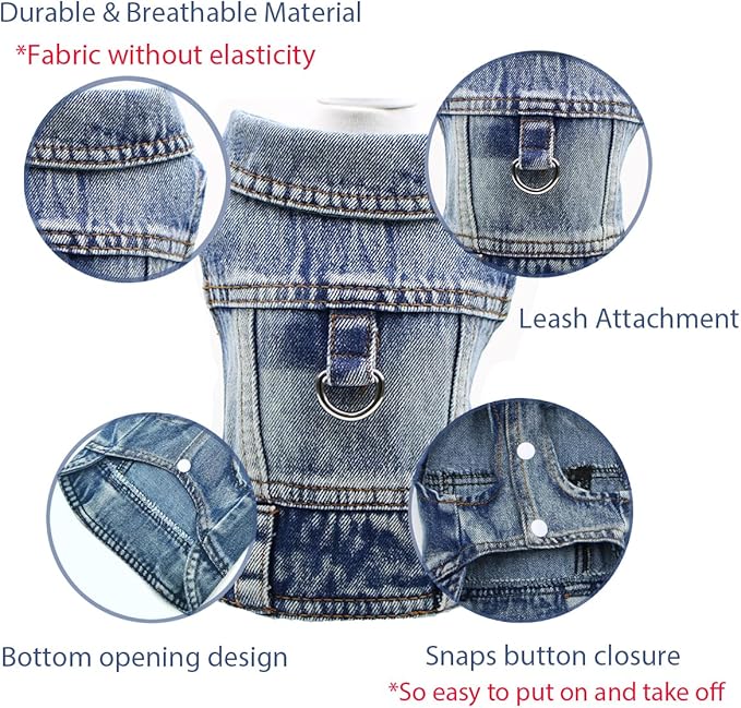 Dog Jeans Jacket Cool Blue Denim Coat for Small Medium Girl Boy Dogs Puppy Clothes Comfort Lapel Harness Vest with D-Ring for Leash
