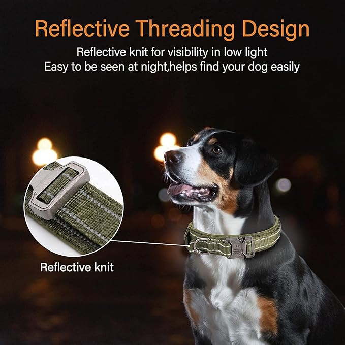 KCUCOP Tactical Dog Collar for Medium & Large Dogs - Military Nylon Heavy Duty Collar with Handle, Reflective Strip & Metal Buckle for Training, Outdoor (Green Reflective, Medium)