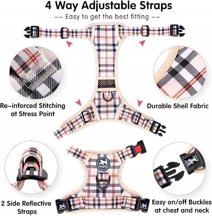 PoyPet Plaid Dog Harness, No Pull Front Clip Pet Vest Harness, Soft Padded Reflective Adjustable Walking Harness with Handle for Medium Dogs(Checkered Beige,M)