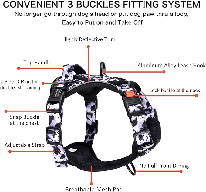 Petmolico No Pull Dog Harness and Leash Set, No Choke 4 Leash Attchments Easy Control Handle Soft Padded Reflective Vest Dog Harness for Small Dog Breed, Purple Leopard Small