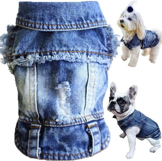 Jean Jacket, Blue Denim Lapel Vest Coat T-Shirt Costume for Small Medium Dogs Cats, Cute Girl Boy Puppy Clothes, Comfort and Cool Apparel, Machine Washable Outfits (L, Blue)