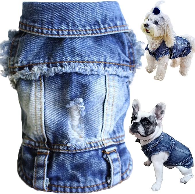 Dog Jean Jacket, Blue Denim Lapel Vest Coat T-Shirt Costume, Cute Girl Boy Puppy Clothes, Comfort and Cool Apparel, for Small Medium Dogs Cats, Machine Washable Dog Outfits (XS, Blue)