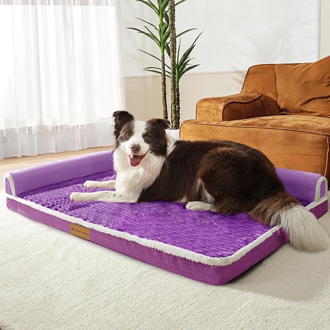 Patas Lague Orthopedic XXL Dog Bed for Extra Large Dogs 48''X30'', Waterproof Comfortable L Shaped Big Large Non-Slip Soft Warm Pet Sofa Sleep Bed mat with Removable Washable Cover, Purple