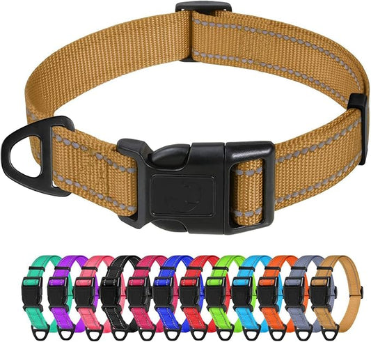 TagME Reflective Nylon Dog Collars, Adjustable Classic Collar with Quick Release Buckle for Small Dogs, Khaki, 5/8" Width