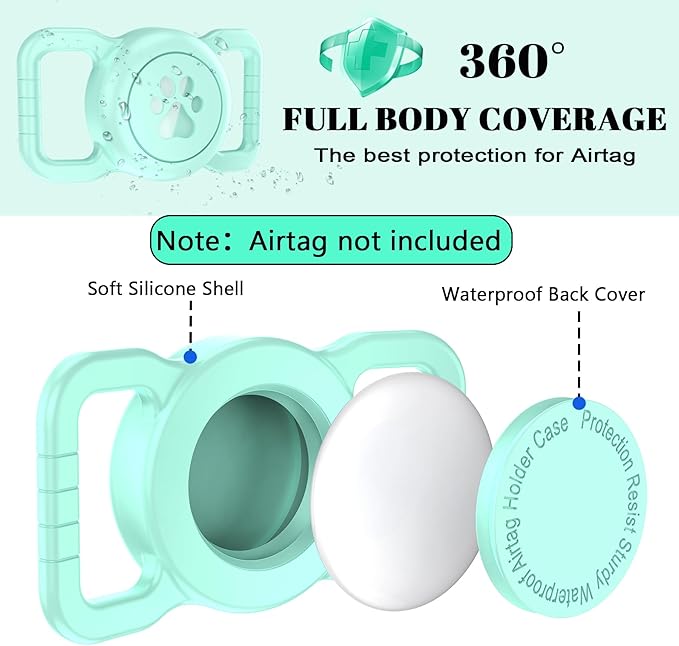 SANKALA Airtag Dog Collar Holder, [1 Pack] Waterproof Dog Airtag Holder, Silicone Full Body Covered Anti-Lost Protective Apple Air Tag Holder for Pet Collar - Fits All Width Collars, Light Green