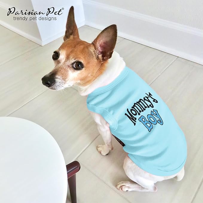 Parisian Pet Dog T-Shirt with Embroidered 'Mommy’s Boy' Words - 100% Cotton Boy Dog Clothes - Breathable Mamas Boy Dog Shirt - Machine Washable Dog Shirts for Small Dogs, XXS