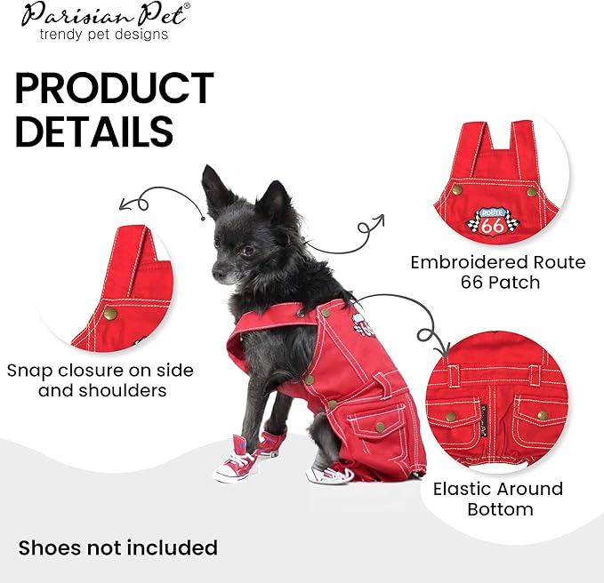 Parisian Pet Denim Overall w/ Embroidered Route 66 ' Red Dog Jumpsuit - Breathable, Machine Washable Dog Outfit - Large Dog, 2XL
