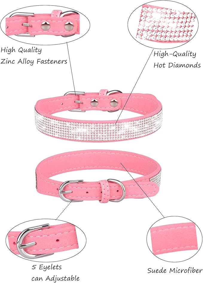 Dog Collar for Small Dogs, Adjustable Leather Suede Bling Dog Collars，Pink Dog Collar Cat Collar, Rhinestone Dog Collar(S, Pink)