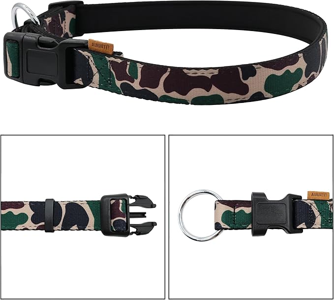 Dog Collar, Cute Camouflage Pattern, Neoprene Padded and Adjustable Collar with Quick Release Buckle, Reinforced Structure (L (Neck 18-28", Width 1"), Camouflage Green)