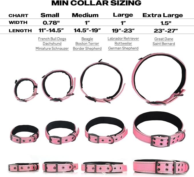 PetiFine Neoprene Padded Dog Collar, Heavy Duty Comfort Dog Collar with Durable Metal Buckle, Reflective Adjustable Belt Buckle Dog Collars for Small Medium Large Dogs(11”-14.5“, Pink)