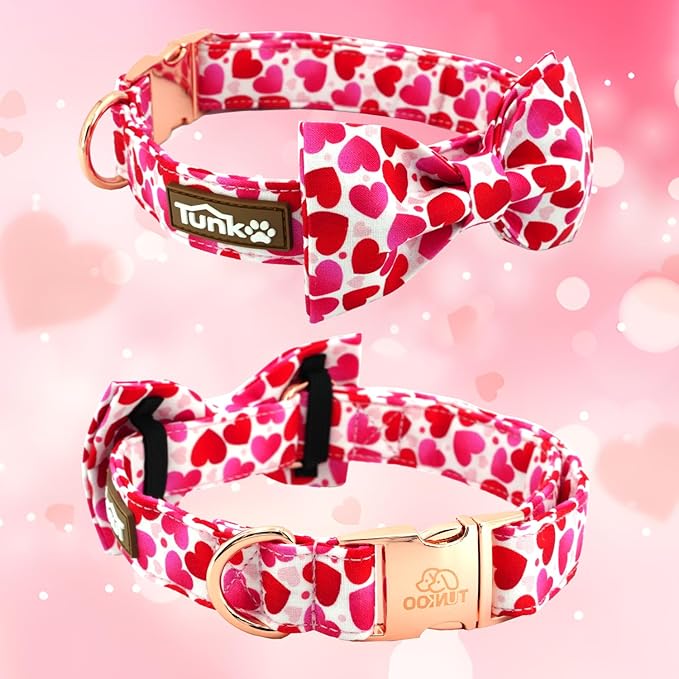 Tunkoo Valentine's Day Dog Collar with Bow Tie - Adjustable and Adorable Pet Collar - Red Hearts with Rose Gold Buckle for Large Medium Small Dog Walking, M