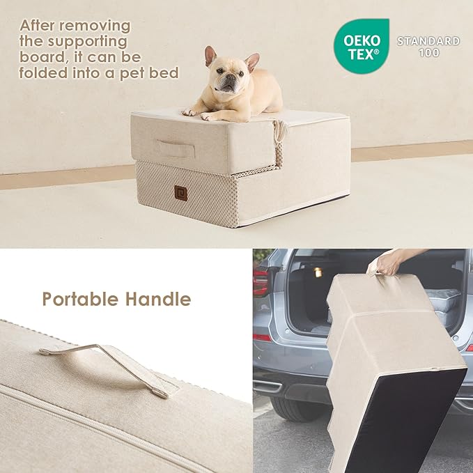 EHEYCIGA Dog Stairs for Small Dogs 13.5" H, 3-Step Dog Steps for Couch Sofa and Chair, Pet Steps for Small Cats, Non-Slip Balanced Pet Ramp Indoor, Beige