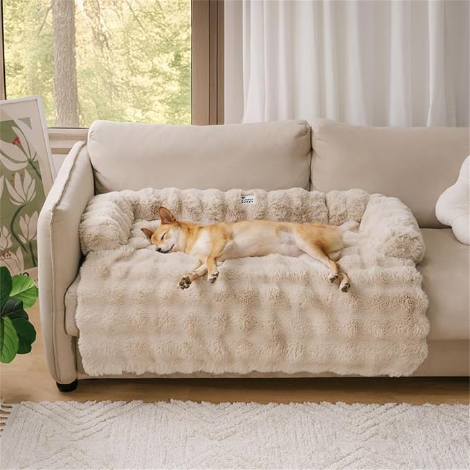 FUNNYFUZZY Calming Dog Bed Mat, Fluffy Fuzzy Couch Cover for Sofa, Furniture Protector with Removable Washable Cover for Medium Small Dogs and Cats (Coffee,47.24 × 37.4 × 6.3 in)