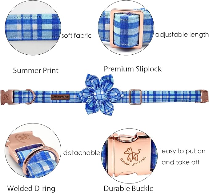 Elegant Little Tail Blue Plaid Flower Collar - Soft, Adjustable for Medium Dogs