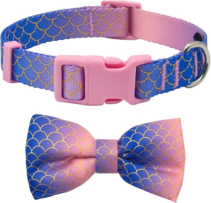 azuza Bowtie Dog Collar Mermaid, Soft & Comfy Dog Collar with Removable Bow Gradient Color Size Adjustable Dog Collars for Puppy and Small Dogs
