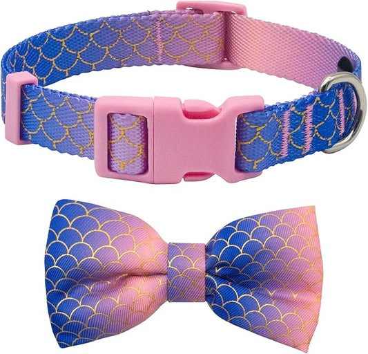azuza Bowtie Dog Collar Mermaid, Soft & Comfy Dog Collar with Removable Bow Gradient Color Size Adjustable Dog Collars for Large Dogs
