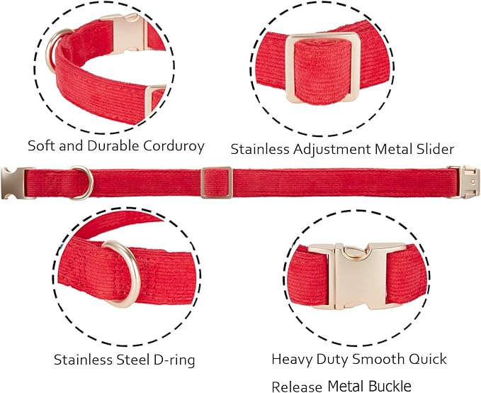 Soft Dog Collar with Metal Buckle Adjustable Durable Comfort Cotton Corduroy Collars for Large Medium Small Dogs Christmas Dog Collar, Bright Red