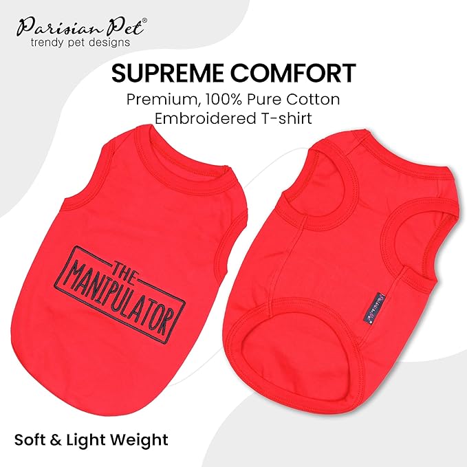 Parisian Pet Dog Tshirt - Embroidered “ Manipulator “ Tank Top - Breathable and Lightweight Dog Clothes - Sleeveless Red Tee Shirts - Machine Washable Shirt for Large Dogs - L
