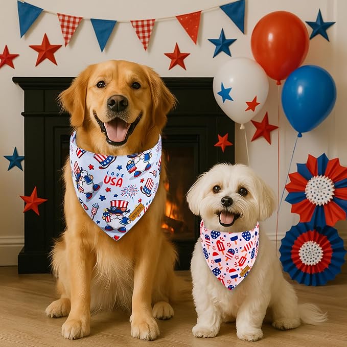 4th of July Dog Bandanas with Snap Button, 2 Pack American Flag Pet Scarf for Boy & Girl, Premium Durable Fabric, Adjustable Fit, Patriotic Bandana for Small Dogs (Small)