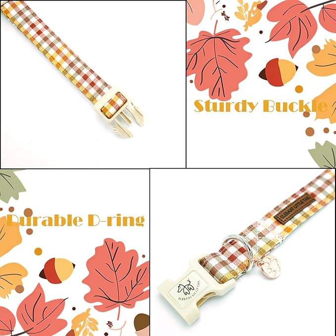 Elegant little tail Fall Dog Collar, Plaid Puppy Collars Fall Yellow Male Cute Puppy Adjustable Cotton Pet Collar with Quick Release Buckle for Small Medium Large Dogs