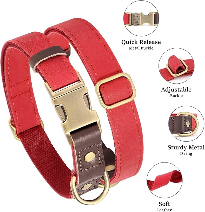 Didog Soft Padded Leather Dog Collars for Medium Dogs, Classic Heavy Duty Dog Collar Adjustable with Quick Release Metal Buckle,Red,M Neck 13-19"