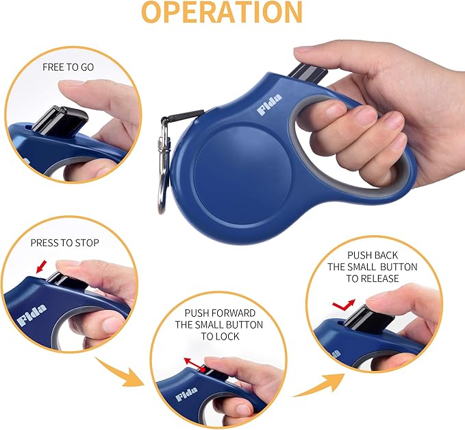 Fida Retractable Dog Leash, 16ft Heavy Duty Pet Walking Leash for Small Dog or Cat up to 26 lbs, Tangle Free. One-Hand Brake (Small,Navy Blue)