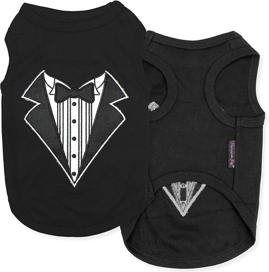 Parisian Pet Dog Tshirt - Embroidered “ Tuxedo “ Dog Shirt - 100% Cotton and Lightweight Dog Clothes - Sleeveless Black Dog Tee Shirts - Machine Washable Dog Shirts for Small Dogs - Pet Vest - S
