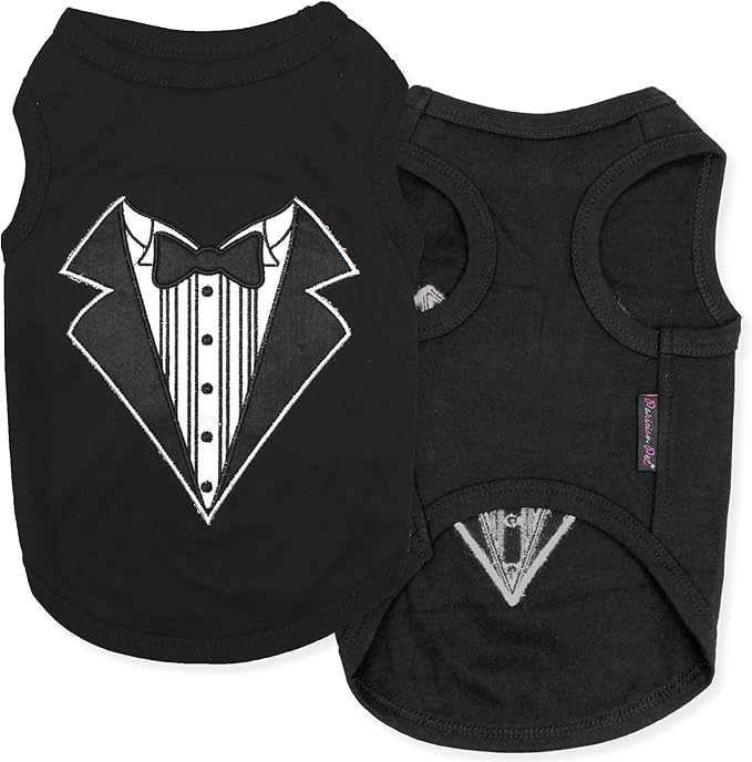 Parisian Pet Dog Tshirt - Embroidered “ Tuxedo “ Tank Top - 100% Cotton and Lightweight Dog Clothes - Sleeveless Black Tee Shirts - Machine Washable Shirt for Large Dogs - Pet Vest - L