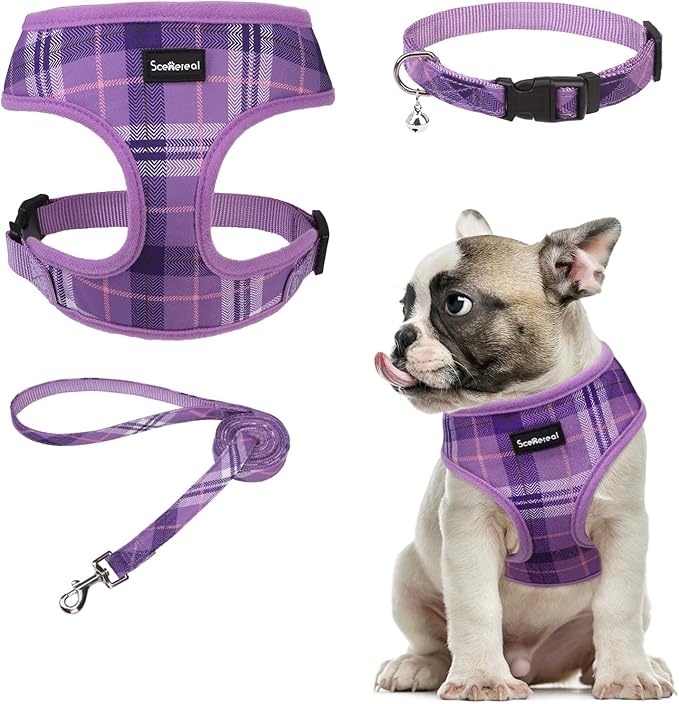 SCENEREAL No Pull Dog Harness Collar and Leash Set Small Medium Sized Dog, Soft Mesh Step in Puppy Harnesses, No Chock Plaid Adjustible Pet Vest for Outdoor Walking Training and Running, Purple M