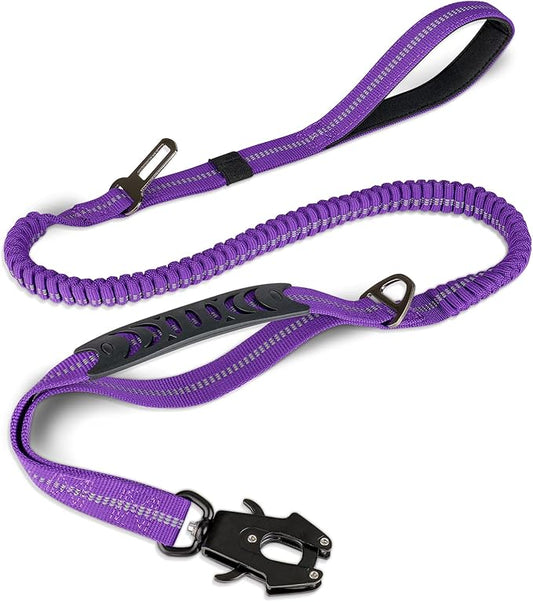 Joytale Tactical Dog Leash Heavy Duty, 4-6FT Shock Absorbing Bungee Lead with 2 Padded Handle, Metal Carabiner Clip, Car Seatbelt, Strong No Pull Leash for Medium Large X-Large Dogs, Purple